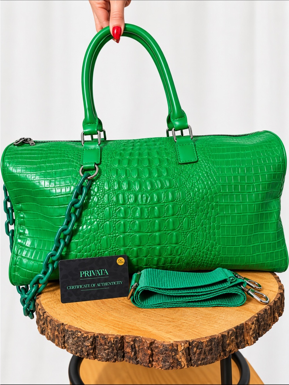Emerald Green Croc Embossed Weekender Duffle Bag COA + Strap
